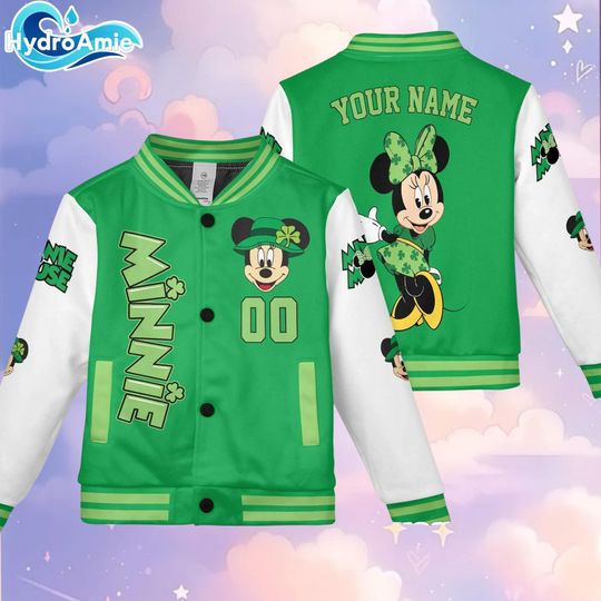 Personalize Minnie Mouse St Patricks Day Varsity Jacket, Custom Mickey and Friends Baseball Jacket, Lucky Gift