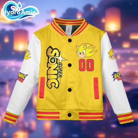 Personalize Super Sonic Varsity Jacket, Custom Sonic the Hedgehog Baseball Jacket
