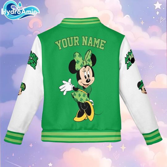 Personalize Minnie Mouse St Patricks Day Varsity Jacket, Custom Mickey and Friends Baseball Jacket, Lucky Gift