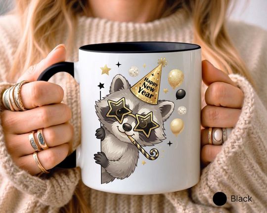 Happy New Year Raccoon Mug, Celebration & Festive Holiday Season Mug, Party Animal Gift, Fun Accent Mug