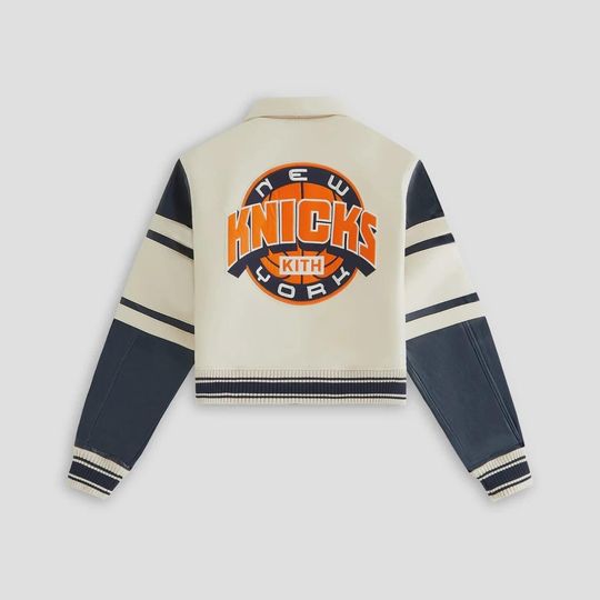 New York Knicks Cropped Varsity Jacket, Cream & Navy Sleeves,  Retro Basketball Style Coat