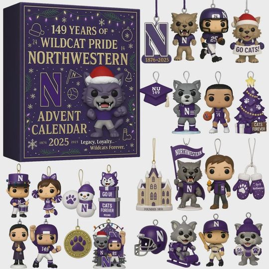 Northwestern Wildcats Advent Calendar 2025, 149 Years of Wildcat Pride Ornament Set, College Sports Gift for Alumni and Students