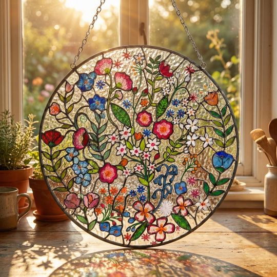 Forest Emerald Suncatcher  Embroidered-Style Floral Window Hanging  Boho Folk Art Gift