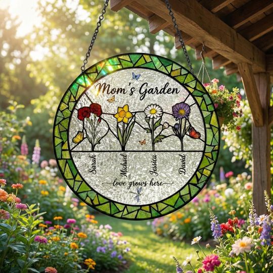 Personalized Birth Flower Suncatcher  Custom Mom's Garden Art  Birthday Gift for Her