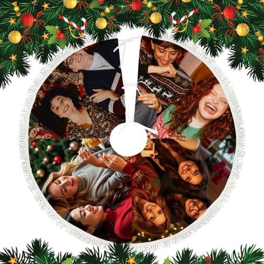 Personalized Christmas Tree Skirt with Fringe,Photo Collage Christmas Tree Skirt,Christmas Gifts,Christmas party