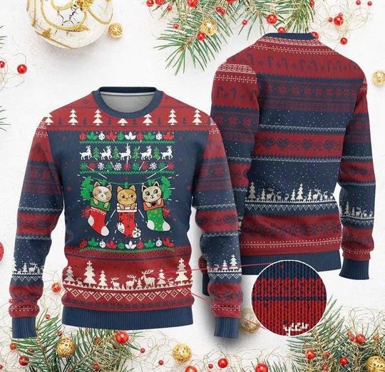 Funny Cat Ugly Christmas Sweater Merry Catmas Cat in Sock Holiday Pullover