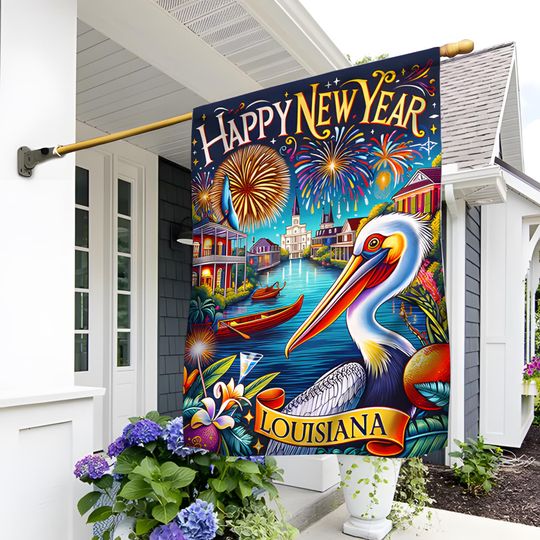 Louisiana Happy New Year Pelican Flag
