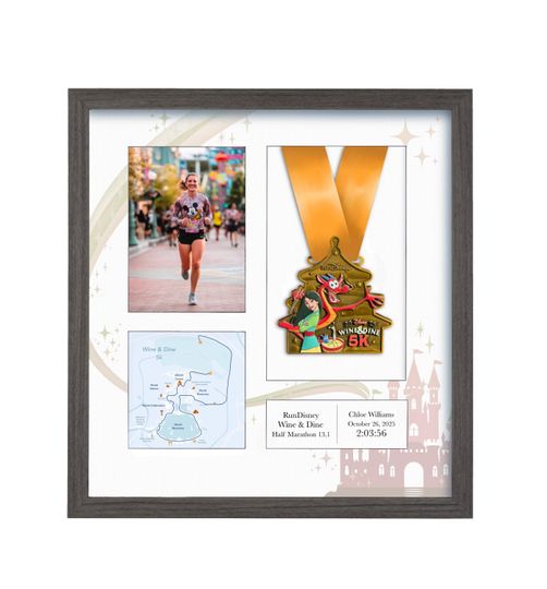 Disney Wine and Dine Marathon Weekend Half Marathon Medal Display Frame: Personalized Solid Wood with Route Map