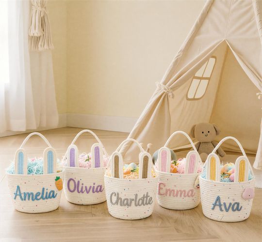 Personalized Rope Cotton Easter Basket | Bunny Ears Keepsake Gift for Baby's First Hunt