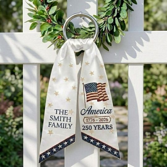 Personalized America 250th Anniversary Wreath Sash, 1776-2026 Custom Family Name Door Ribbon, 4th of July Patriotic Decor, Vintage Sash Door