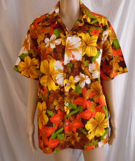 Vintage 1960s Hawaiian Shirt Barkcloth Orange Yellow Brown Medium