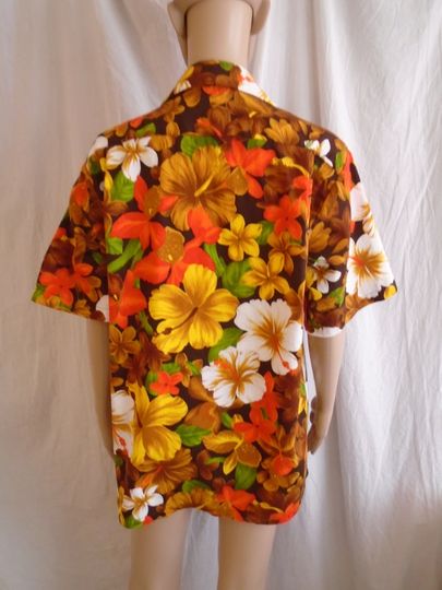 Vintage 1960s Hawaiian Shirt Barkcloth Orange Yellow Brown Medium