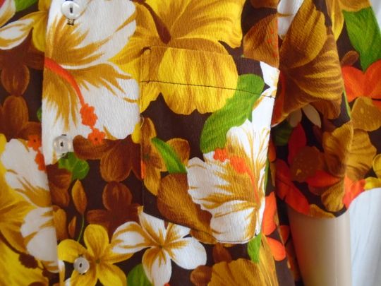 Vintage 1960s Hawaiian Shirt Barkcloth Orange Yellow Brown Medium