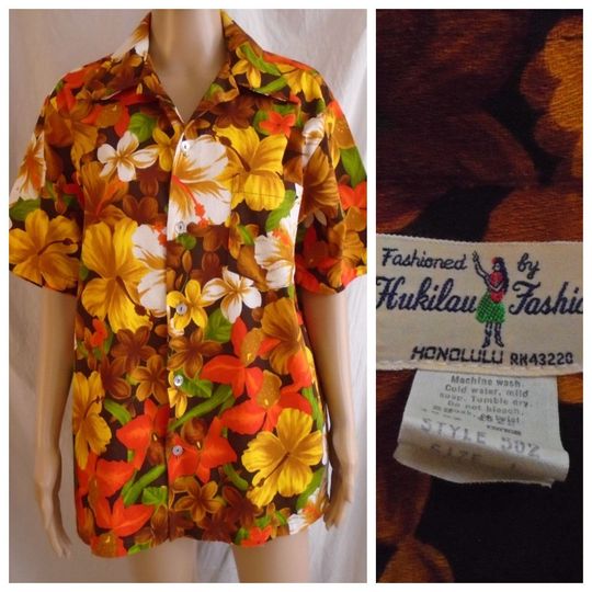 Vintage 1960s Hawaiian Shirt Barkcloth Orange Yellow Brown Medium