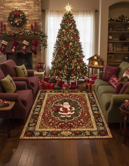 Vintage Christmas Santa Rug, Washable Holiday Decor, Seasonal Living Room Accent