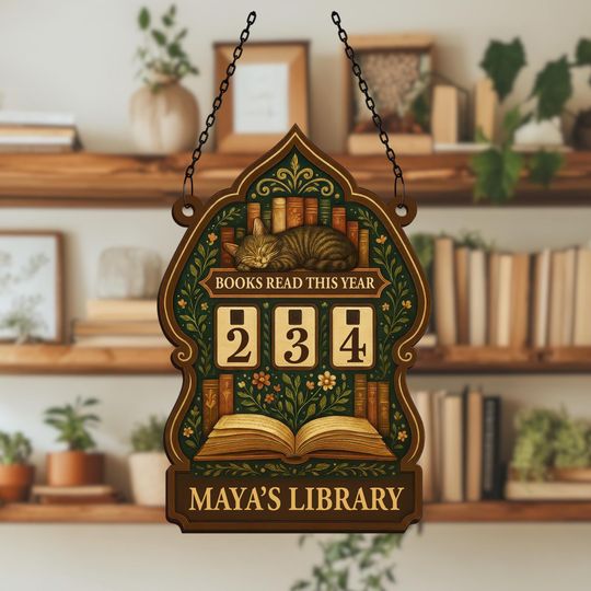 Personalized Cat Book Tracker Sign, Custom Reading Log Decor, Library Counter Gift for Readers