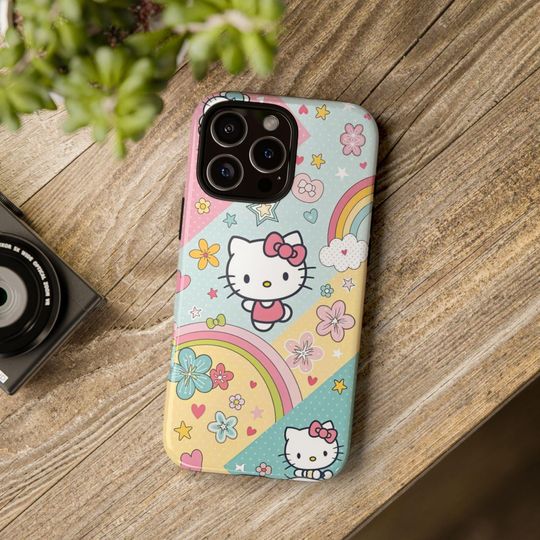 Hello Kitty Pastel Rainbow iPhone Case, Sanrio Kawaii Star Flower Pattern