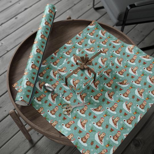 Otter Christmas Wrapping Paper | Playful Candy Cane Design