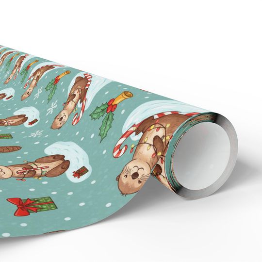 Otter Christmas Wrapping Paper | Playful Candy Cane Design