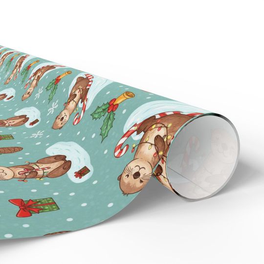 Otter Christmas Wrapping Paper | Playful Candy Cane Design