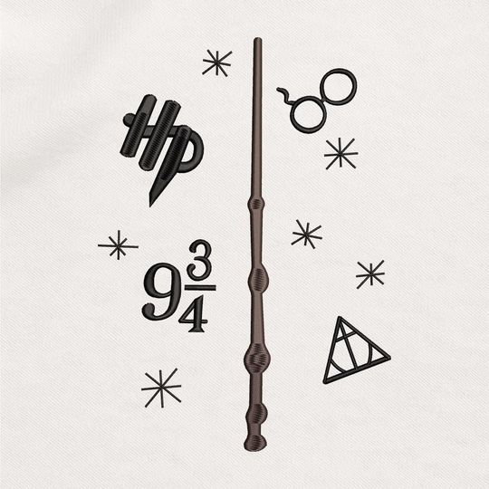 Harry Wizard Embroidery Design, Magic Wand Embroidery File, Wizard Glasses 9 3/4 Symbol Pattern, Digital Machine Embroidery Instant Download