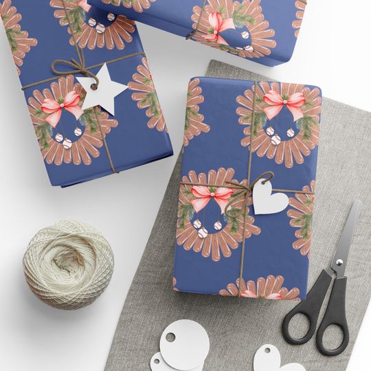 Festive Baseball-Themed Christmas Wreath Wrapping Paper
