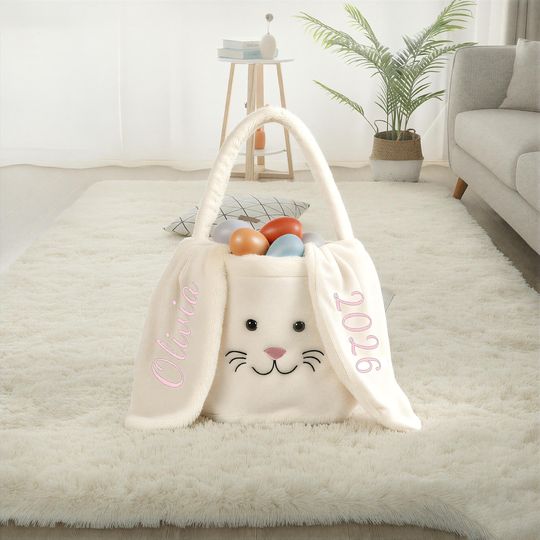 Personalized Plush Easter Bunny Basket, Custom Name Embroidered Ear, Kids Egg Hunt Bag