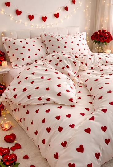 Red Heart Bedding Set Romantic Valentines Duvet Cover and Pillowcase Set