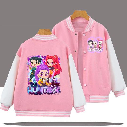 Cartoon Print Varsity Jacket for Kids Ages 3-12 Pink Baseball Style Outerwear