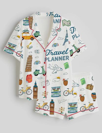 Travel Print Pajama Set for Women  Button-Up Short Sleeve Pajamas with Shorts, Cute Vacation Lounge Sleepwear Gift