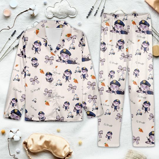 Chibi Police Girl Pajamas  Cute Anime Officer PJs with Bows & Carrots, Kawaii Cartoon Sleepwear Set for Girls vs Fans