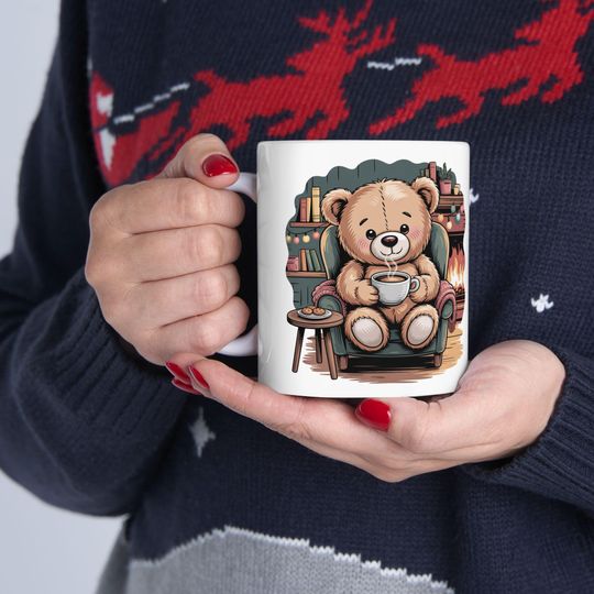 Cozy Teddy Bear Reading by Fireplace Mug | Ceramic Coffee Cup