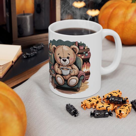 Cozy Teddy Bear Reading by Fireplace Mug | Ceramic Coffee Cup