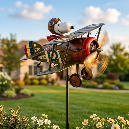 Costum Flying of the Snoop Biplane Metal Garden Windmill, Patio Artwork, Outdoor Lawn Decoration, Garden Courtyard Ornament, Pilot Gift