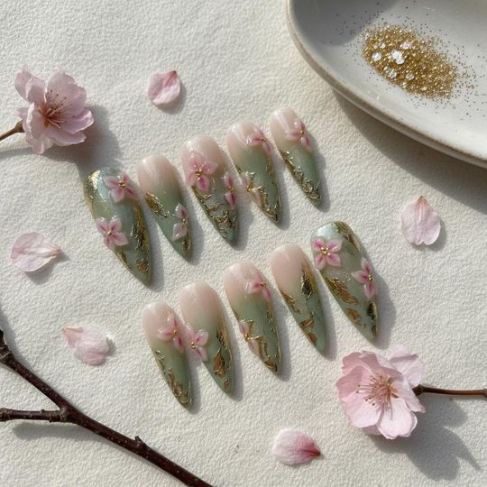 Luxury Sage Green Press On Nails: 3D Pink Floral Gold Foil Reusable Stiletto Set