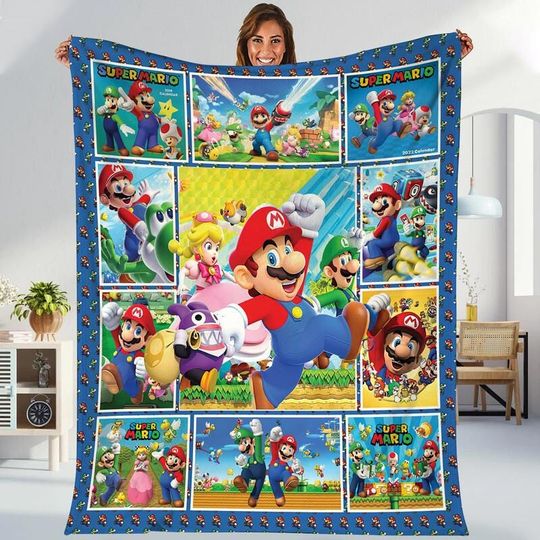 Super Mario Blanket, Mario Blanket, Super Mario Birthday Gift, Cartoon Blanket, Mario Luigi Bowser Princess Peach Blanket, Birthday Blanket