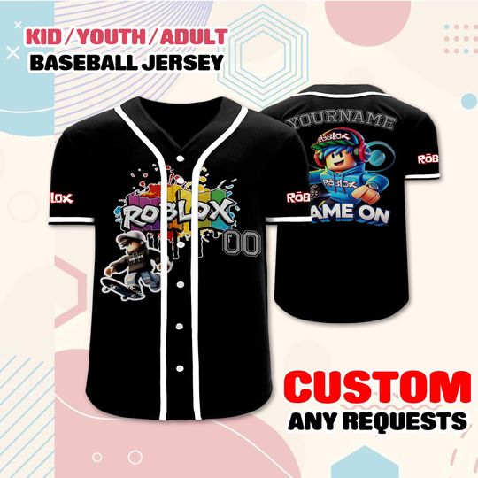 Custom Roblox Gamer Baseball Jersey with Name/Number, Birthday Gift Kids Youth Adult