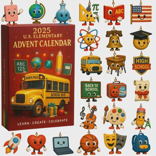 U.S. Elementary Advent Calendar 2025, Teacher Student Gift, School Bus Education Ornament Set, Learn Create Celebrate