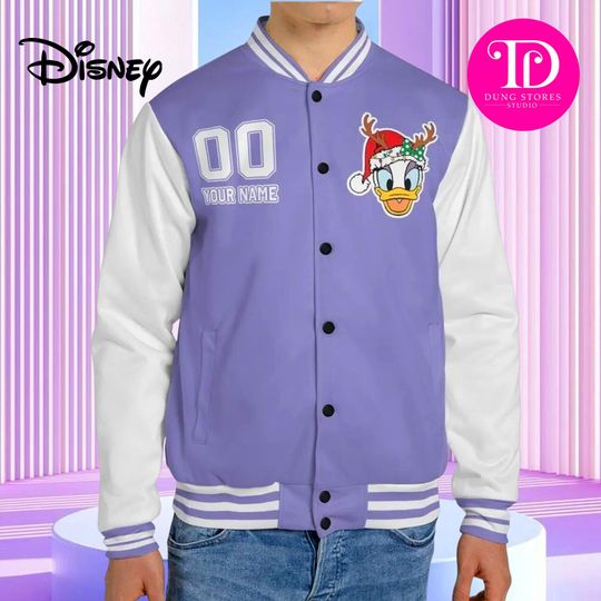 Custom Winter Daisy Varsity Jacket, Personalized Disney Jacket, Unisex Snap Button Windproof Jacket