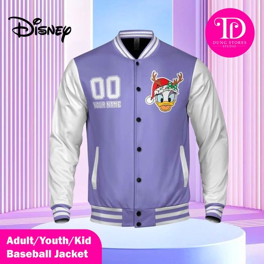 Custom Winter Daisy Varsity Jacket, Personalized Disney Jacket, Unisex Snap Button Windproof Jacket