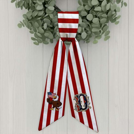 Patriotic Wreath Sash, 4th of July Door Wreath Bow, Personalized Initial Wreath Ribbon, American Flag Front Door Decor, Memorial Day Decor