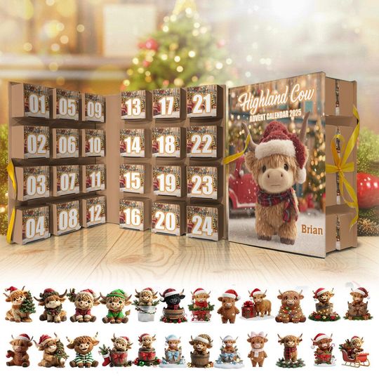 Personalized Christmas Highland Cow Advent Calendar, Gift For Highland Cow Lovers, Acrylic Blind Box Countdown Calendar With Ornaments