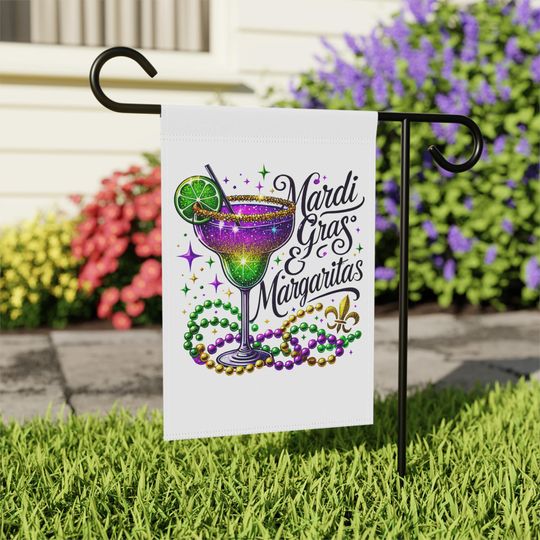 Mardi Gras Margaritas Garden Flag, House Banner with Beads and Fleur-de-Lis