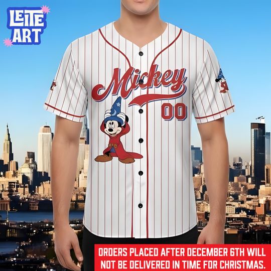 Custom Mickey Baseball Jersey for Kids & Adults, Personalized Disney Shirt, Sorcerer Mickey Jersey, Family Matching Outfit, Disney Gift