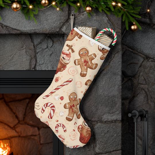 Personalized Gingerbread Christmas Stocking - Cozy Cottagecore Holiday Decor | Whimsical Candy Cane & Hot Cocoa Pattern