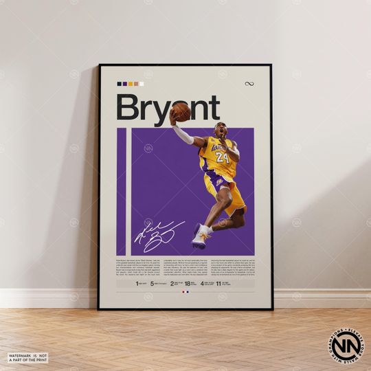 Kobe Bryant Poster, LA Lakers Poster, Sports Poster, Mid Century Modern, Basketball Gift, Sports Bedroom Posters