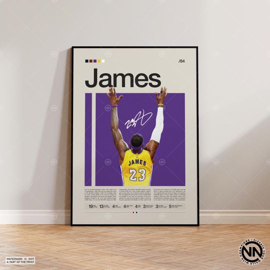 Lebron James Poster, LA Lakers Print, Sports Poster, Mid Century Modern, Basketball Gift, Sports Bedroom Posters
