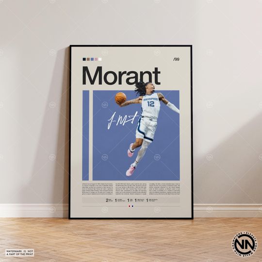 Ja Morant Poster, Memphis Grizzlies Poster, Sports Poster, Mid Century Modern, Basketball Gift, Sports Bedroom Posters