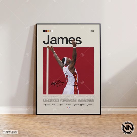 Lebron James Poster, Miami Heat Poster, Sports Poster, Mid Century Modern, Basketball Gift, Sports Bedroom Posters