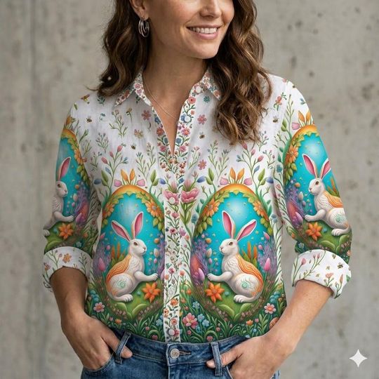 Easter Bunny Floral Blouse, Colorful Spring Rabbit Linen Look Shirt, Happy Easter Sunday Women Top, Floral Egg Festive Gift, Holiday Blouse